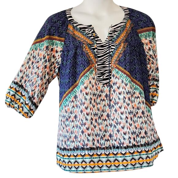 Fig & Flower Peasant Top Artsy BOHO Multicolor Flowy Lace Back Yoke Plus Size 1X - Picture 1 of 7